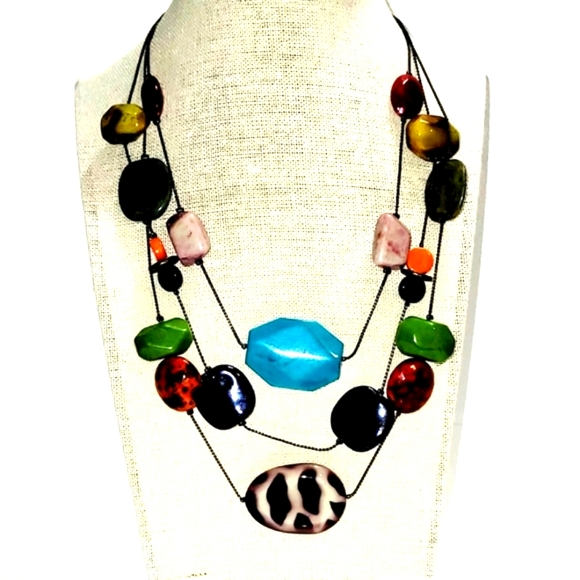 New Necklace, Colored Stone Beaded Black Triple Chain Adjustable Length - Picture 4 of 5